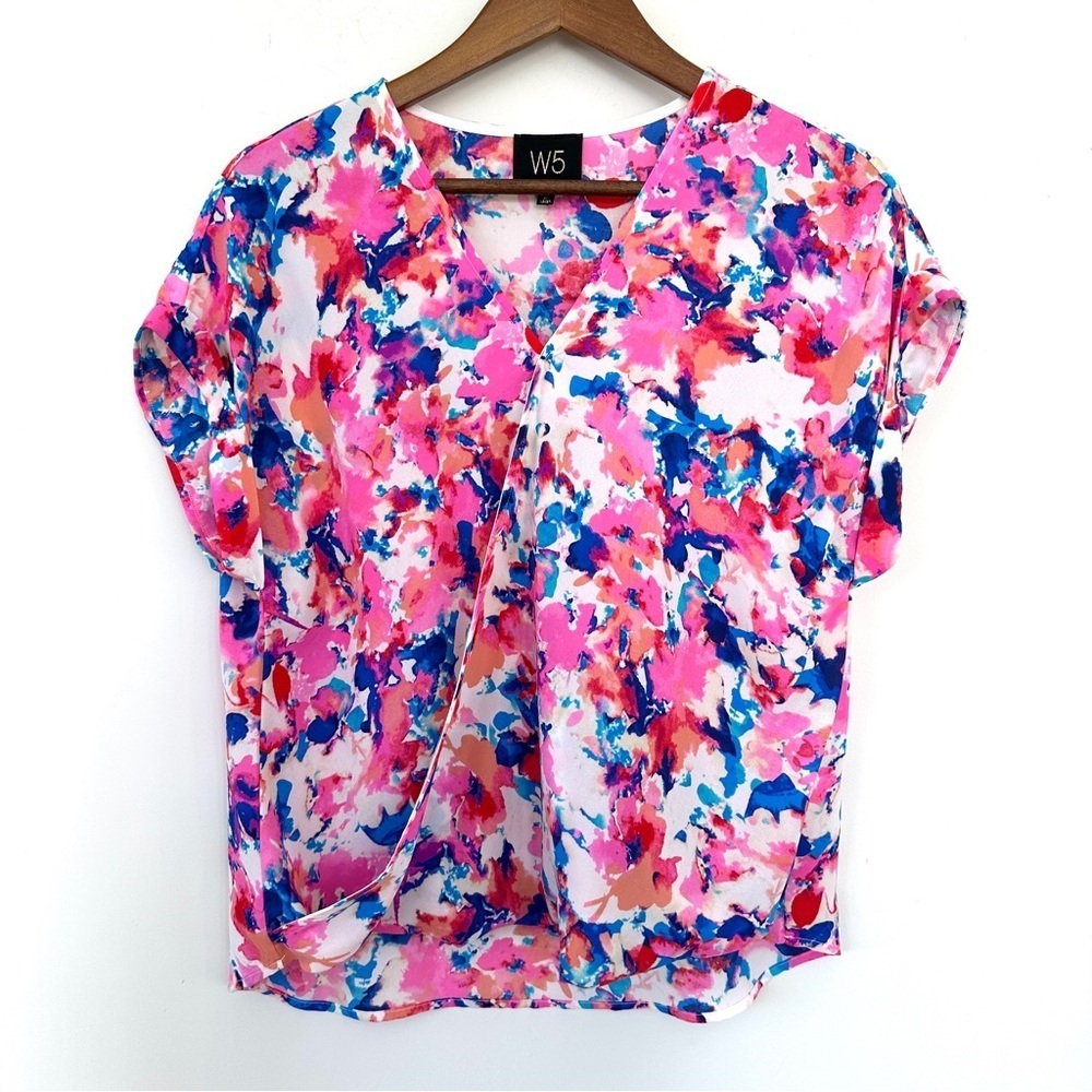 W5 Pink and Blue Print Blouse, v-neck, loose fit/oversized, high-low hem